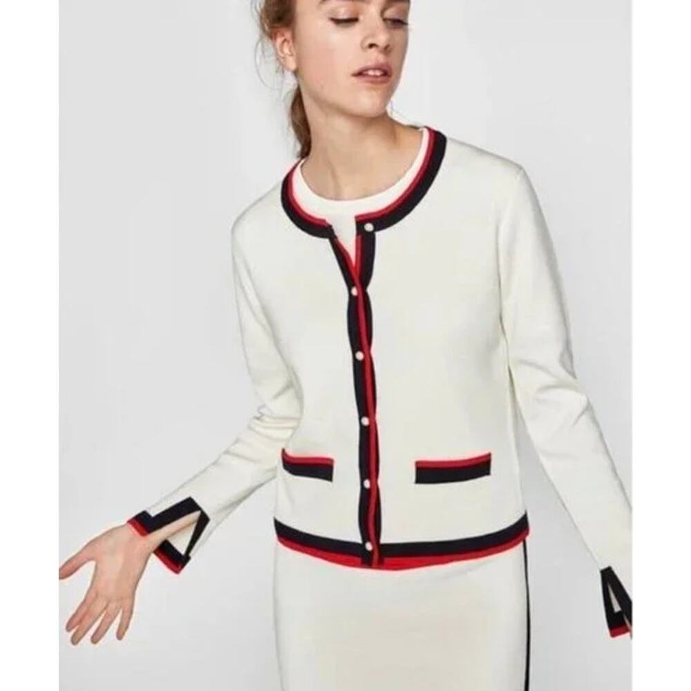 ZARA S Knit Pearl Cardigan V White Stripe-Trim Red Blue Sweater Cropped Classic